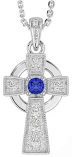 Diamond Sapphire Silver Celtic Cross Necklace