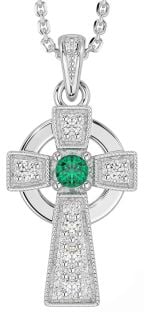 Diamond Emerald White Gold Celtic Cross Necklace