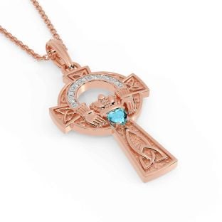 Diamond Aquamarine Rose Gold Silver Claddagh Celtic Cross Necklace