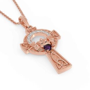 Diamond Alexandrite Rose Gold Silver Claddagh Celtic Cross Necklace