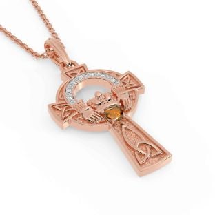 Diamond Citrine Rose Gold Silver Claddagh Celtic Cross Necklace