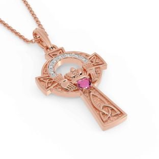 Diamond Pink Tourmaline Rose Gold Silver Claddagh Celtic Cross Necklace