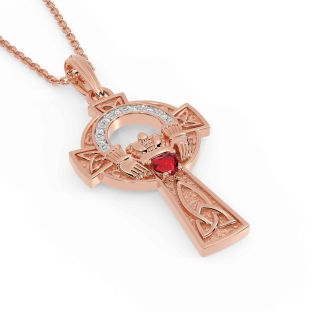 Diamond Ruby Rose Gold Silver Claddagh Celtic Cross Necklace