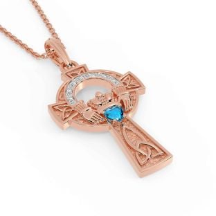 Diamond Topaz Rose Gold Silver Claddagh Celtic Cross Necklace