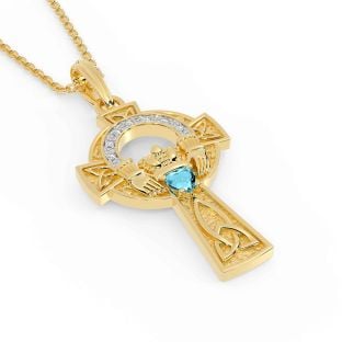 Diamond Aquamarine Gold Silver Claddagh Celtic Cross Necklace