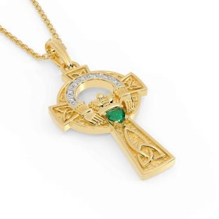 Diamond Emerald Gold Silver Claddagh Celtic Cross Necklace