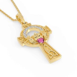 Diamond Pink Tourmaline Gold Silver Claddagh Celtic Cross Necklace