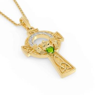 Diamond Peridot Gold Silver Claddagh Celtic Cross Necklace