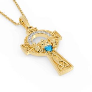 Diamond Topaz Gold Silver Claddagh Celtic Cross Necklace