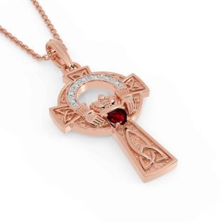 Diamond Garnet Rose Gold Claddagh Celtic Cross Necklace