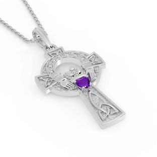 Diamond Amethyst Silver Claddagh Celtic Cross Necklace