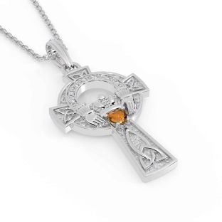 Diamond Citrine Silver Claddagh Celtic Cross Necklace