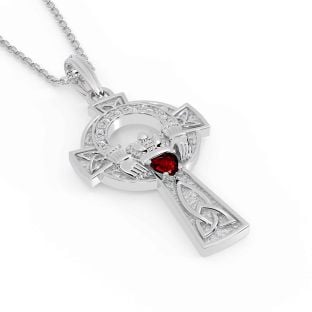 Diamond Garnet Silver Claddagh Celtic Cross Necklace