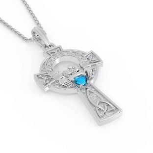 Diamond Topaz Silver Claddagh Celtic Cross Necklace