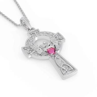 Diamond Pink Tourmaline White Gold Claddagh Celtic Cross Necklace