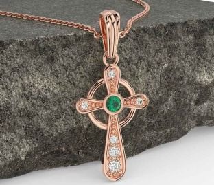 Diamond Emerald Rose Gold Silver Celtic Cross Necklace