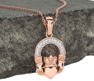 Diamond Rose Gold Silver Claddagh Necklace