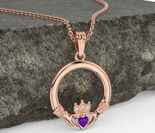 Diamond Amethyst Rose Gold Silver Claddagh Necklace