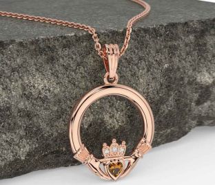 Diamond Citrine Rose Gold Silver Claddagh Necklace