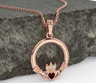 Diamond Garnet Rose Gold Silver Claddagh Necklace