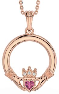 Diamond Pink Tourmaline Rose Gold Silver Claddagh Necklace