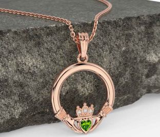 Diamond Peridot Rose Gold Silver Claddagh Necklace
