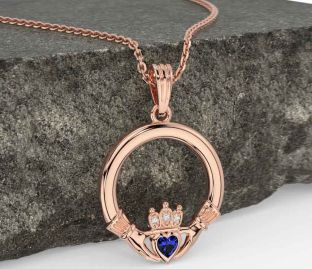 Diamond Sapphire Rose Gold Silver Claddagh Necklace