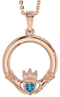 Diamond Topaz Rose Gold Silver Claddagh Necklace