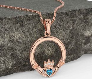 Diamond Topaz Rose Gold Silver Claddagh Necklace