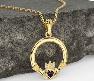 Diamond Alexandrite Gold Silver Claddagh Necklace