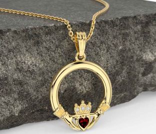 Diamond Garnet Gold Silver Claddagh Necklace