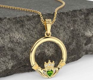 Diamond Peridot Gold Silver Claddagh Necklace