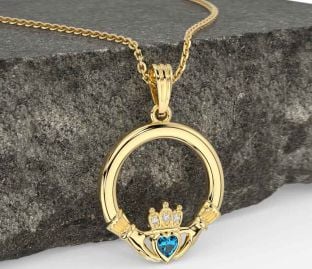 Diamond Topaz Gold Silver Claddagh Necklace
