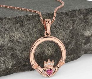 Diamond Pink Tourmaline Rose Gold Claddagh Necklace