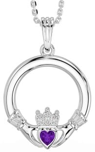 Diamond Amethyst Silver Claddagh Necklace