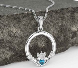 Diamond Topaz Silver Claddagh Necklace