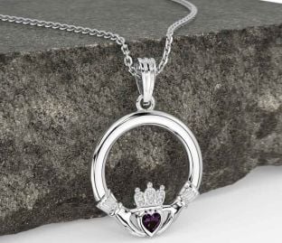 Diamond Alexandrite White Gold Claddagh Necklace