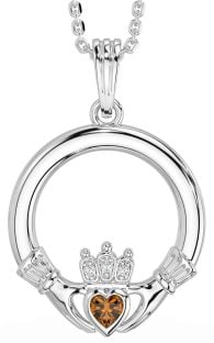 Diamond Citrine White Gold Claddagh Necklace