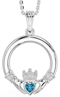 Diamond Topaz White Gold Claddagh Necklace