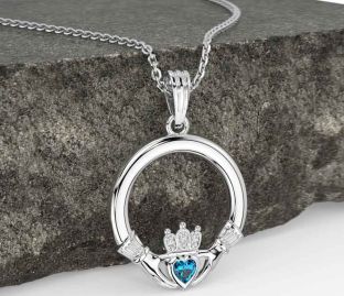Diamond Topaz White Gold Claddagh Necklace