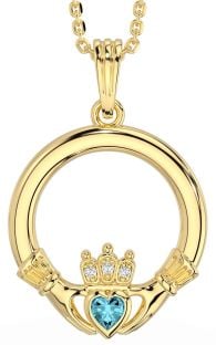 Diamond Aquamarine Gold Claddagh Necklace