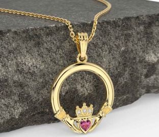 Diamond Pink Tourmaline Gold Claddagh Necklace