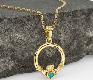 Green Agate Gold Silver Claddagh Necklace