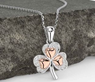 Diamond Rose Gold Silver Shamrock Necklace
