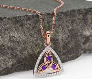 Diamond Amethyst Rose Gold Silver Celtic Trinity Knot Necklace