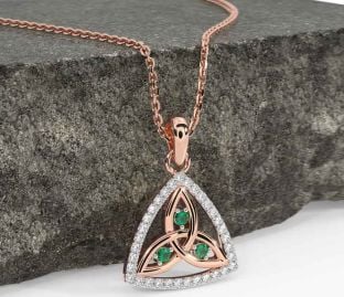 Diamond Emerald Rose Gold Celtic Trinity Knot Necklace