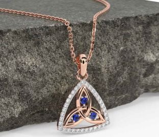 Diamond Sapphire Rose Gold Celtic Trinity Knot Necklace