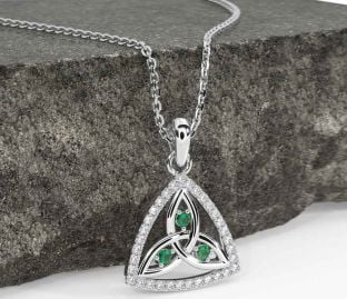 Diamond Emerald Silver Celtic Trinity Knot Necklace