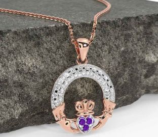 Diamond Amethyst Rose Gold Silver Claddagh Necklace