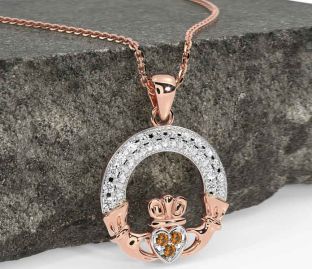Diamond Citrine Rose Gold Silver Claddagh Necklace
